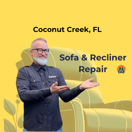 Mobile recliner repair expert Sebo promoting sofa and recliner repair in Coconut Creek, FL.