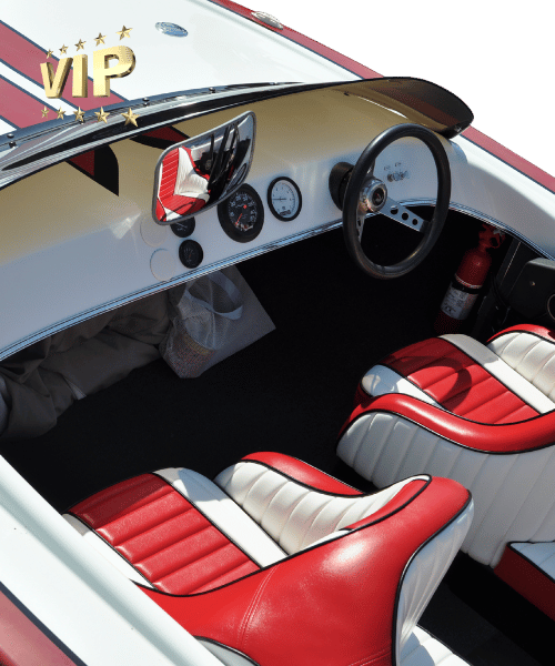 Custom red and white leather boat interior with VIP design, completed by Jim’s Auto Tops & Upholstery, the best car upholstery shop in Folsom, CA.