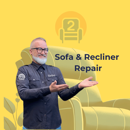 Sebo, a technician from Number2Project, smiles while presenting sofa and recliner repair services, with a logo and furniture background, representing expert mobile repairs across California and beyond.