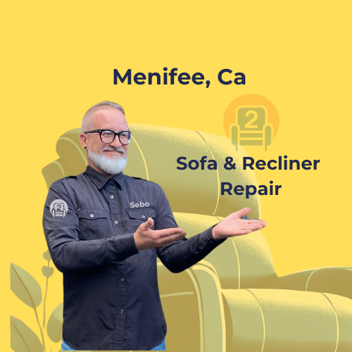 Menifee, CA Sofa and Recliner Repair by Number2project – friendly technician in grey shirt pointing at service title with recliner background.