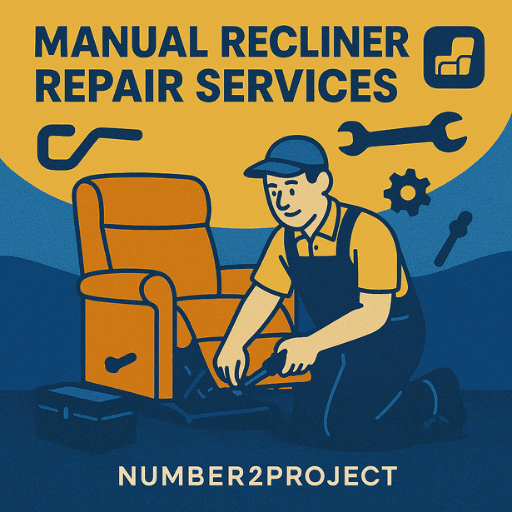 Technician repairing an orange manual recliner with visible handle, lever, and cable parts — Number2project Manual Recliner Repair Services in blue, yellow, and orange theme.