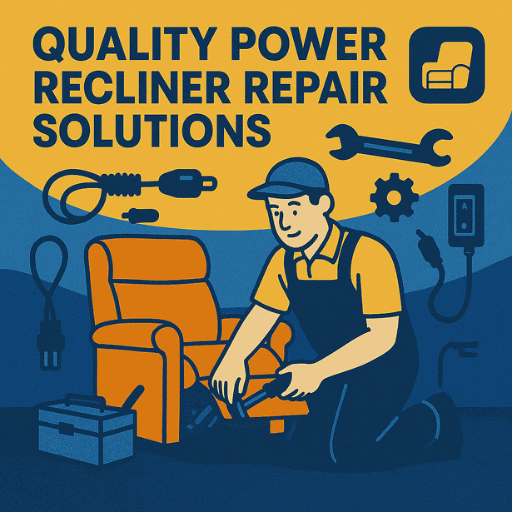 Technician repairing an orange power recliner with visible cords, motor, and switch — Number2project Quality Power Recliner Repair Solutions in blue, yellow, and orange theme.