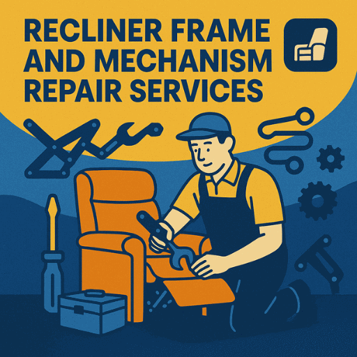 Technician repairing an orange recliner surrounded by recliner parts like motors, switches, and mechanism arms — Number2project Recliner Frame and Mechanism Repair Services in blue, yellow, and orange theme.