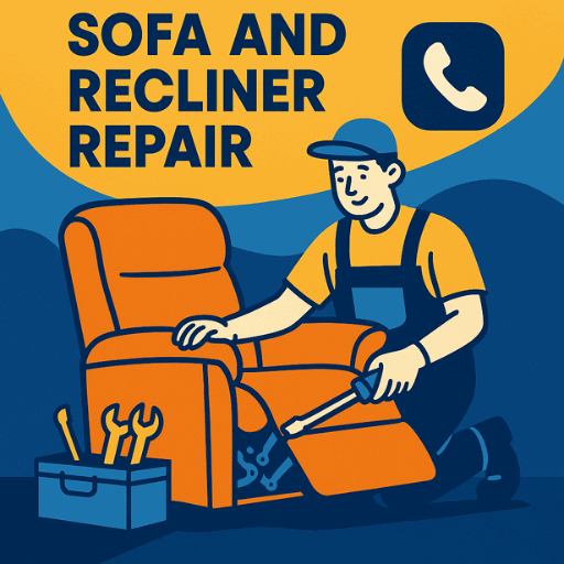 Technician repairing an orange recliner chair with tools nearby — Number2project Mobile Sofa and Recliner Repair service illustration in blue, yellow, and orange theme.