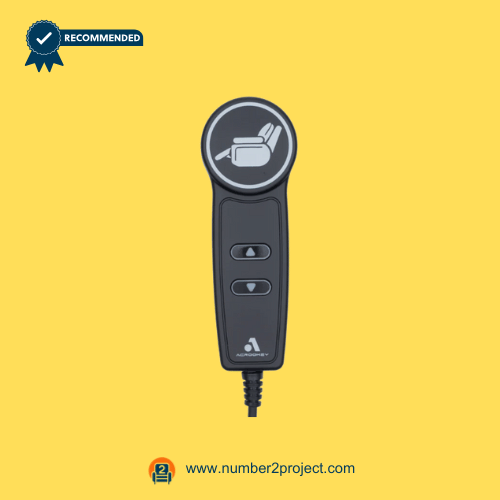 2-button-recliner-remote-round-head-01.png 2-button recliner remote controller with a round head and lift/recline icons on a yellow background.