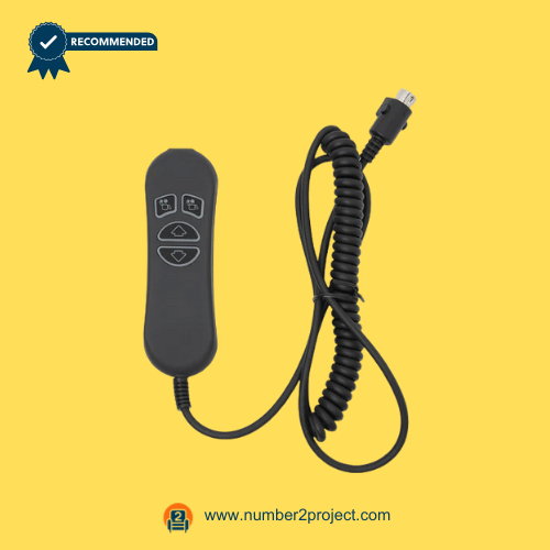 3-button-recliner-remote-coiled-cord-01.png 3-button recliner remote with coiled cable and multi-pin connector on a yellow background.