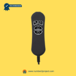 Front view of a 3-button recliner remote control with labeled function icons on a yellow background.