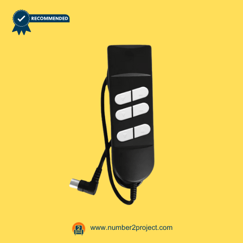 4-button-recliner-remote-angled-connector-01.png 4-button recliner remote controller with white buttons and angled multi-pin connector on a yellow background.