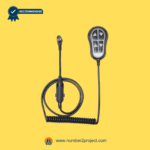 4-button blue LED recliner remote with coiled cable and connector on a yellow background.