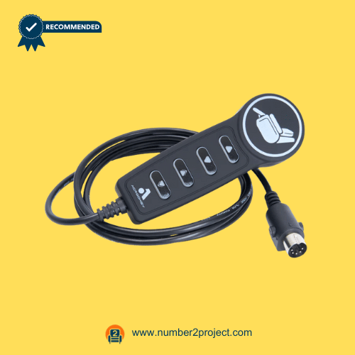 4-button-recliner-remote-round-head-01.png 4-button recliner remote controller with round head section and multi-pin connector on a yellow background.