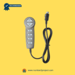 5-button recliner remote controller with long attached cable and multi-pin connector on a yellow background.