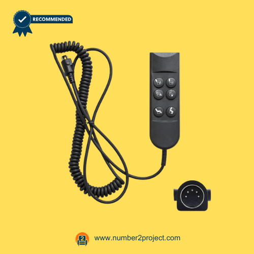 6-button-recliner-remote-coiled-cable-01.png 6-button recliner remote controller with coiled cable and multi-pin connector on a yellow background.