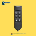 Front view of a 6-button recliner remote controller showing labeled function icons on a yellow background.