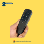 Hand-held view of a 6-button recliner remote controller with Home button on a yellow background.