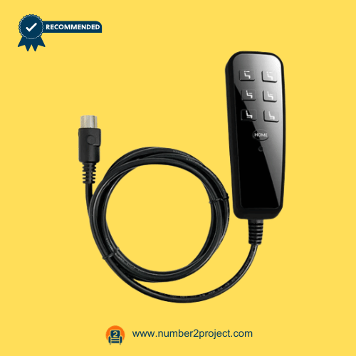 6-button-recliner-remote-home-function-01.png 6-button recliner remote controller with Home button and attached multi-pin connector cable on a yellow background.