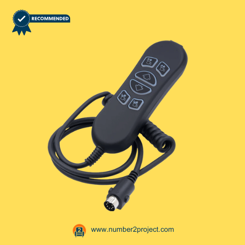 6-button-recliner-remote-lift-recline-01.png 6-button recliner remote controller with lift and recline icons and attached multi-pin cable on a yellow background.