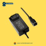 Heavy-duty ACDC recliner adapter with fixed connector and angled view on a yellow background.