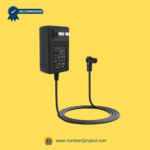 Wall plug-in recliner power charger with right-angle connector and safety-certified label on a yellow background.