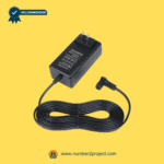 AC/DC recliner power supply adapter with long cable and right-angle connector on a yellow background.