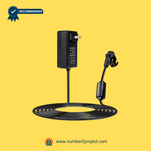 Black wall plug recliner power charger with a long coiled cable and secure connector on a yellow background.