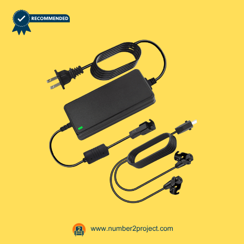 Complete recliner power supply kit including adapter, power cord, and dual extension cables on a yellow background.
