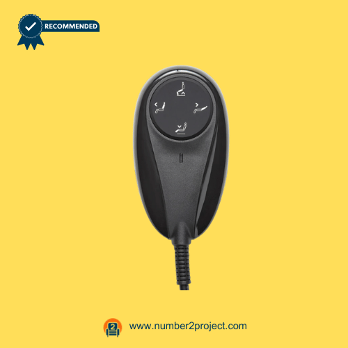 Front-facing view of OKIN HS.12.04.09 four-button 5-pin handset controller for lift chair and recliner repair by Number2Project.