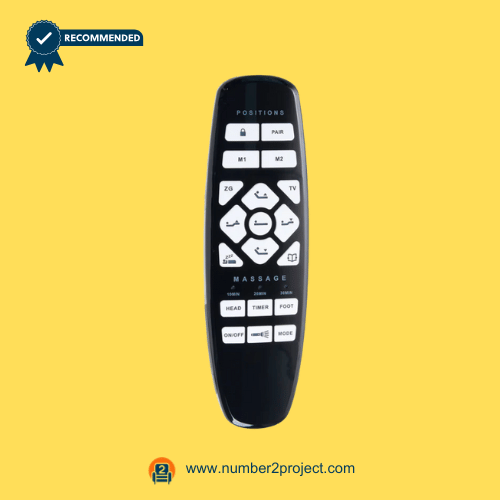 Front-facing view of OKIN RF.27.19.10 19-button wireless adjustable bed remote for Number2Project sofa and recliner repair services.