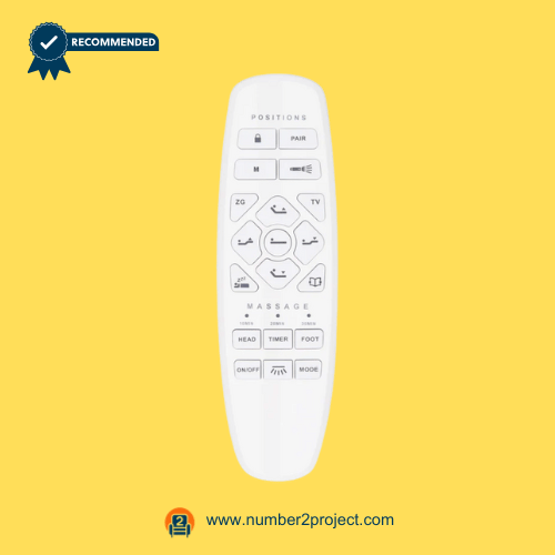 Front-facing view of OKIN RF.27.19.33 wireless remote controller showing position and massage buttons for adjustable bed repair by Number2Project.