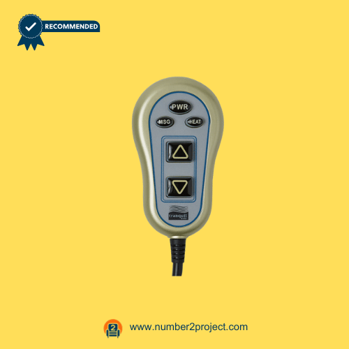 Front-facing Tranquil Easy HC-6022-PR4-TE-48 remote controller showing five-button layout for massage, heat, and recline functions – Number2Project recliner repair
