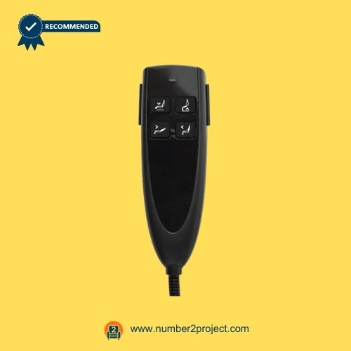 Front side of OKIN HS.13.04.01A four-button 5-pin recliner remote controller for Number2Project sofa and recliner repair