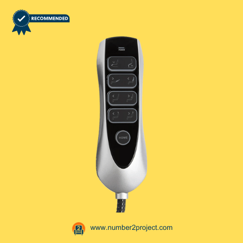 Front side of OKIN JLDK.38.04.12 nine-button 9-pin recliner controller with USB-powered backlit panel for Number2Project sofa and recliner repair.