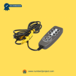 Angled view of the HRU91-D-HV-NS-22SL-5-01 recliner remote controller with attached yellow cable for Number2Project sofa and recliner repair.