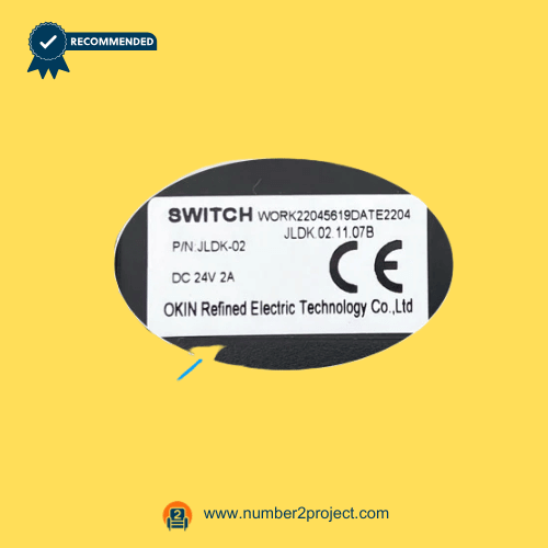 JLDK.02.11.07B 2-button 5-pin recliner and lift chair hand controller label showing model number, DC 24V 2A rating, and CE certification close up Number2project