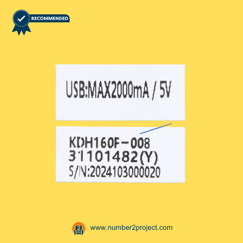 KDH160F-008 recliner lift chair remote controller label showing USB max 2000mA 5V rating, model number, production code, and serial number close up Number2project
