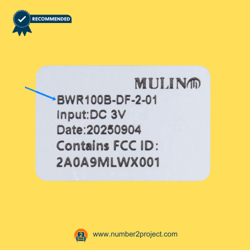 mulin bwr100b df 2 01 wireless remote controller identification label close up showing model number dc 3v input fcc id adjustable bed remote Number2project