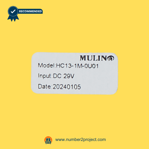 MULIN HC13-1M-0U01 two button backlit recliner remote controller label showing model number, DC 29V input rating, and manufacture date close up Number2project
