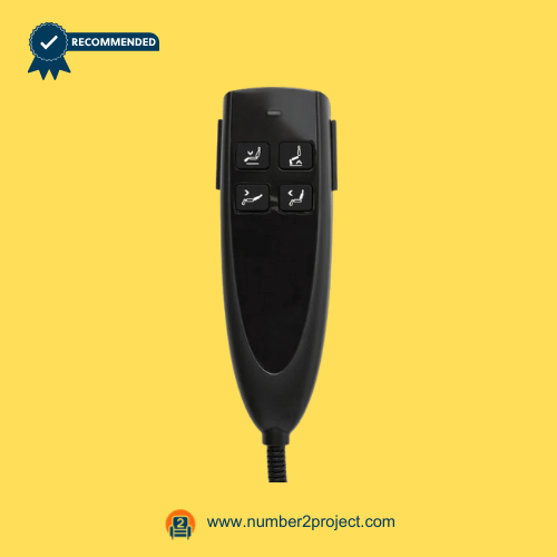 Front view of the OKIN HS.13.04.03 four-button 5-pin handset controller for lift chair and recliner repairs by Number2Project.