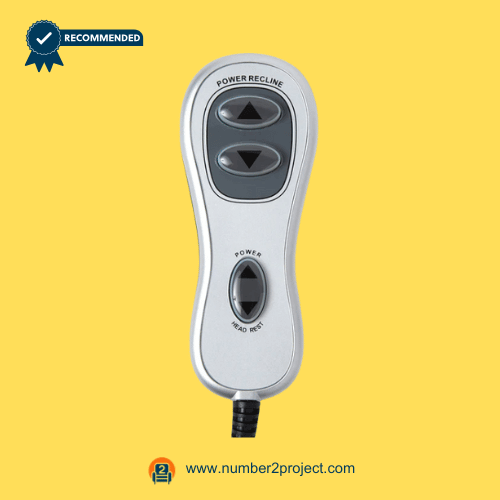 Raffel HC-R2B-02 4-Button Remote Controller with Dual 5-Pin Plugs for Power Recliner – Front View Raffel HC-R2B-02 4 button recliner remote controller power recline and headrest control wired hand control close up motion furniture controller Number2project