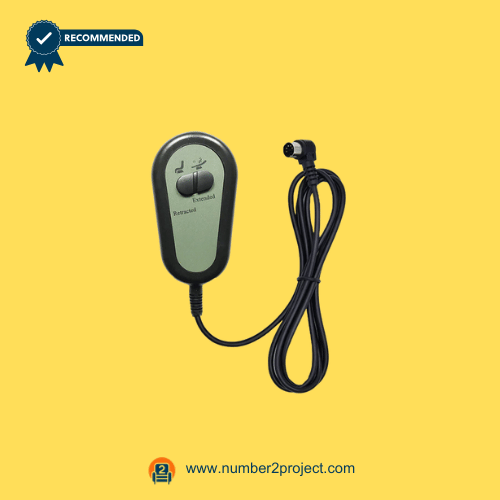 Front view of Right Angled 2-button remote controller for riser recliner lift chairs with round 5-pin plug