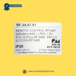Close-up label of OKIN RF.34.07.01 remote controller showing FCC ID, battery type, and model details for Number2Project repair references.