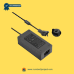 Black lift chair power supply transformer with connector cable and compliance label on a yellow background.