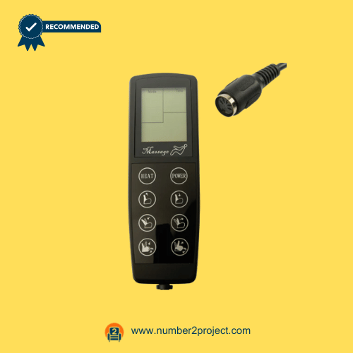 massage-recliner-remote-lcd-display-01.png Massage recliner remote controller with LCD screen, function buttons, and a multi-pin connector on a yellow background.