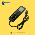 Massage recliner remote controller with LCD display and long wired connector on a yellow background.