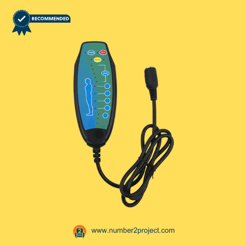 recliner-handset-controller-6-button-massage-01.png 6-button recliner remote controller with massage and position adjustment options on a yellow background.