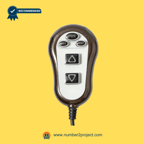 recliner-remote-2-button-heat-massage-01.png 2-button recliner remote with PWR, massage, and heat buttons on a yellow background.