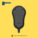 Back view of recliner remote showing smooth plastic panel and cable entry point on a yellow background.