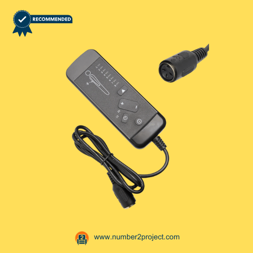 recliner-remote-controller-8-button-din-connector-01.png 8-button recliner remote controller with attached DIN-style connector cable on a yellow background.