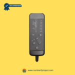 Front view of an 8-button recliner remote controller with position and massage adjustment icons on a yellow background.