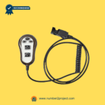 Recliner remote with heat and massage buttons attached to a long coiled cable and connector on a yellow background.