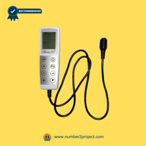 white-massage-recliner-remote-lcd-01.png White massage recliner remote with LCD display, function buttons, and long connector cable on a yellow background.